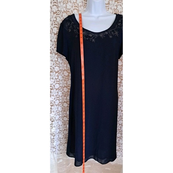 Liz Claiborne Dress Women's 14 Navy Blue Sheer Overlay Embroidered Neckline Zip - Picture 9 of 13